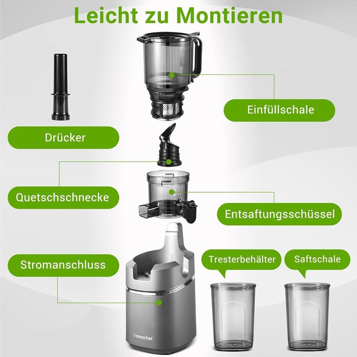 AMZCHEF 250W Automatic All-in-One Juicer, 135MM Opening and 1.8L Juicer for Vegetables and Fruits, Slow Juicer Winner with Triple Filter - Grey