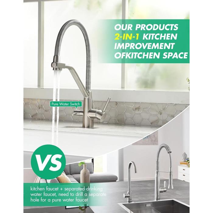 Змішувач кухонний з висувною лійкою, 360° поворот, щіткове золото, для кухні