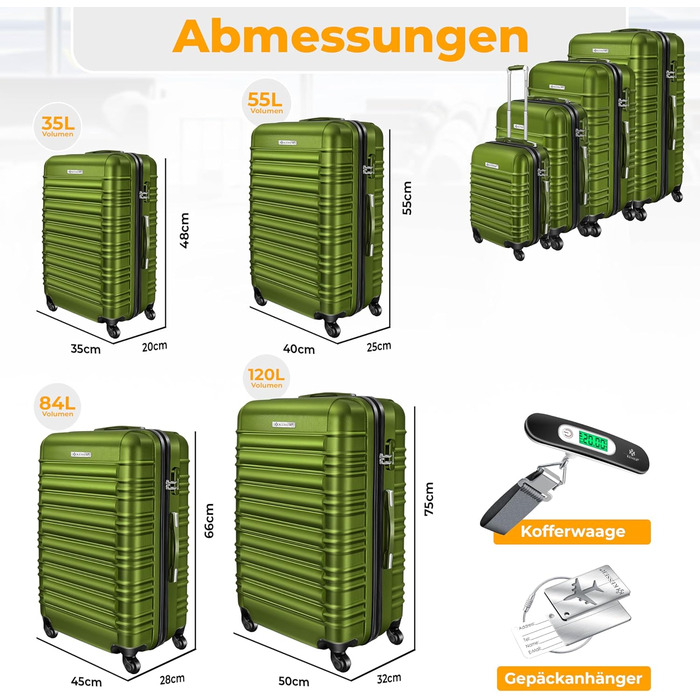 Набір валіз KESSER® з жорстким корпусом (S, M, L, XL) з вагами та білгетом, 4 колеса, ABS, телескопічна ручка, колір хакі