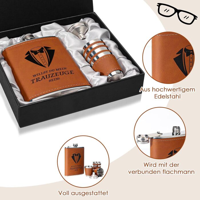 Фляга для дружби на весілля з гравіюванням, 8oz, 4 стаканчики, воронка, подарункова коробка, нержавіюча сталь, для чоловіків