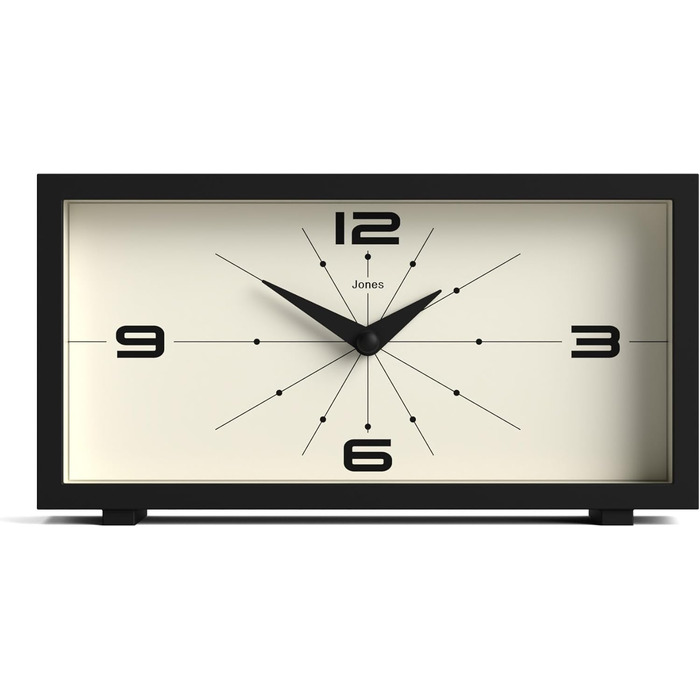 JONES CLOCKS® Desk Clock 'Odeon' – modern rectangular design in black, stylish retro look for shelf, table, mantelpiece or bedside table