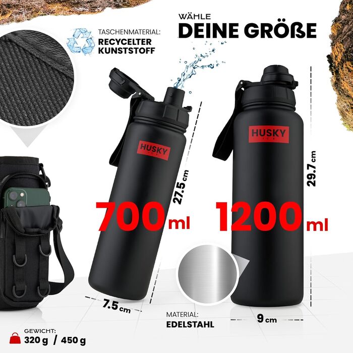 Stainless Steel Water Bottle with FREE Carrying Bag - 700ml - BPA-Free, Leakproof and Dishwasher Safe Thermo Insulated Bottle - Double-Walled Thermos Flask, Sports, Outdoor (Black Edition)
