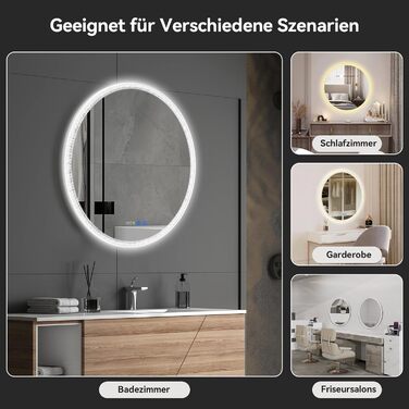 Дзеркало для ванної кімнати YOURLITE з підсвічуванням, 60 см, LED, сенсорне керування, 3 кольори, регулювання яскравості, протизапітніння, функція пам'яті, годинник, білий (сріблястий)