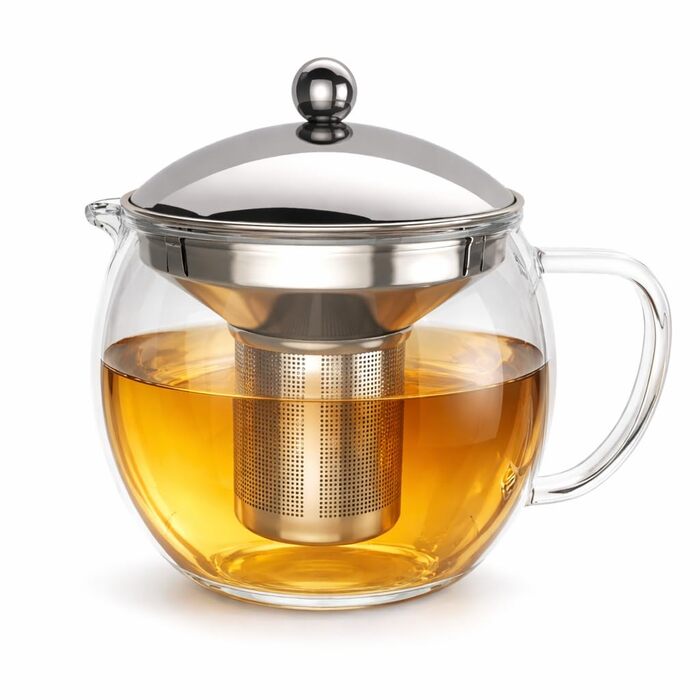 Скляний чайник Teekanne 1,5 л з ситом із нержавіючої сталі та кришкою, заварник із боросилікатного скла для листового чаю, сріблястий