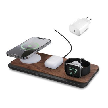 Woodcessories Multibase Pro: Бездротова зарядка 3-в-1 для iPhone, Apple Watch, AirPods з адаптером 45W - Walnut Wood
