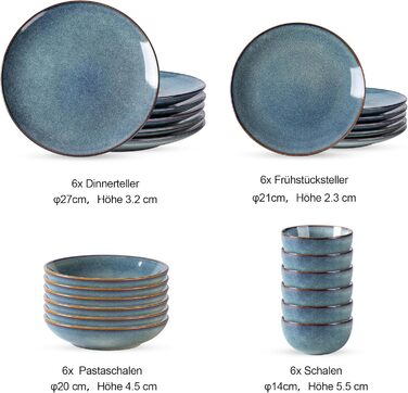 GBHOME Набір посуду з кераміки, 24 частини (12-ти та 24-ти місний), ручної роботи, реактивна глазур, тарілки та миски, стійкий до сколів та тріщин, придатний для миття в посудомийній машині та використання в мікрохвильовці, білий колір (Ceylon Blau)