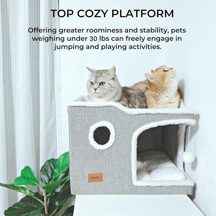Spindro Cat Cave Cat Bed Large, Cat House Indoor Cat Sleeping Place with Removable Sherpa Cat Cushion and Hanging Toy, Cat Bed, Light Grey 42x42x33cm