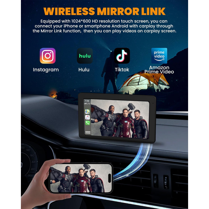 7-дюймовий дисплей CarPlay з GPS, Apple CarPlay, Android Auto, Bluetooth 5.2, FM, дзеркальне відображення, легкий монтаж