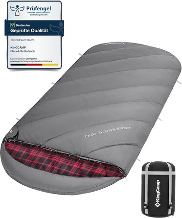 Сплячий мішок KingCamp XXL з бавовни фланелі для дорослих, великий, теплий, зимовий, для кемпінгу, подорожей та активного відпочинку на природі (4 сезони), 220x100 см (#Klassisch Grau)