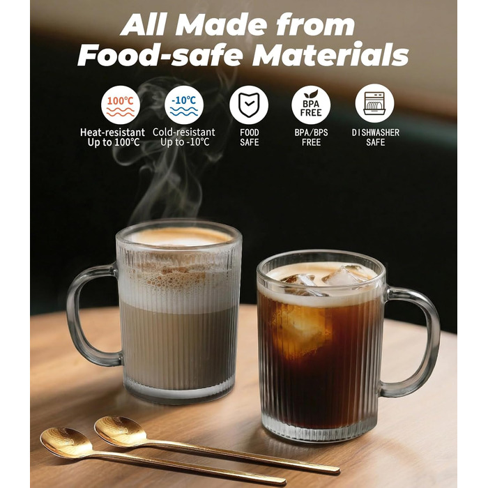 Набір кавових чашок 4 шт. 350 мл для капучино, лате макіато з ложками (сірий)