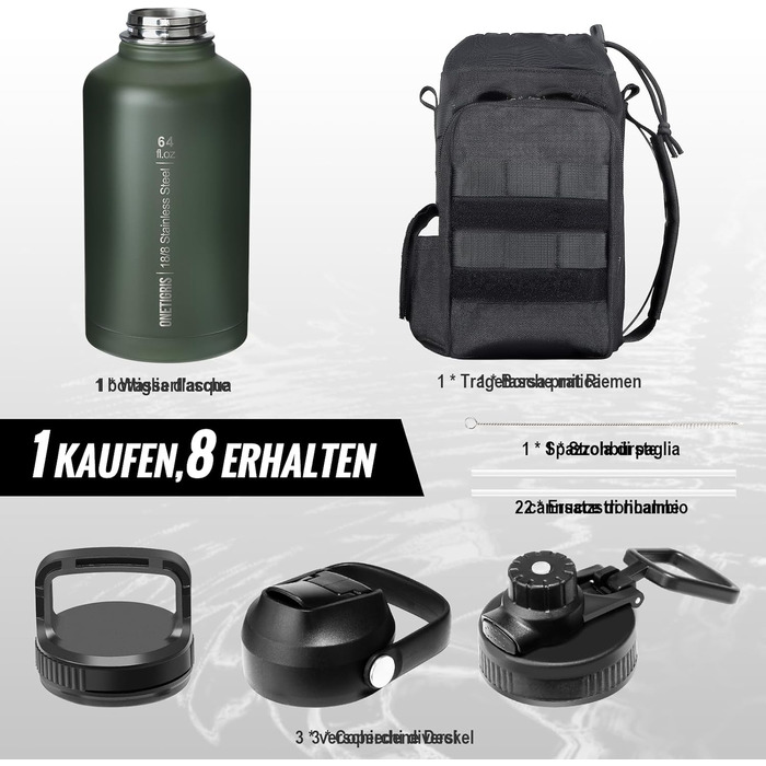 OneTigris Stainless Steel Water Bottle, 1.9L High Capacity, Insulated Sports Bottle for Bicycle, Camping, Yoga, Gym, Softair, OD Green, 64oz