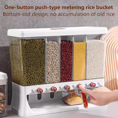 Wall-mounted whole grain dispenser with large capacity, travel bucket, food dispenser, rice storage container, multiple compartments, automatic dispensing for kitchen, rice grains, beans (luxury ivory)