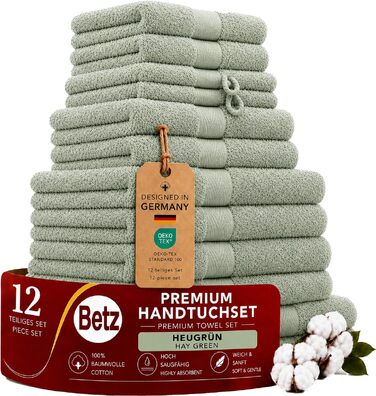 Набір махрових рушників Betz Premium 12 предметів, 100% бавовна, Oeko-TEX, колір солома (heugrün) — гігієнічні, м'які та гігроскопічні рушники для душу, рук та обличчя