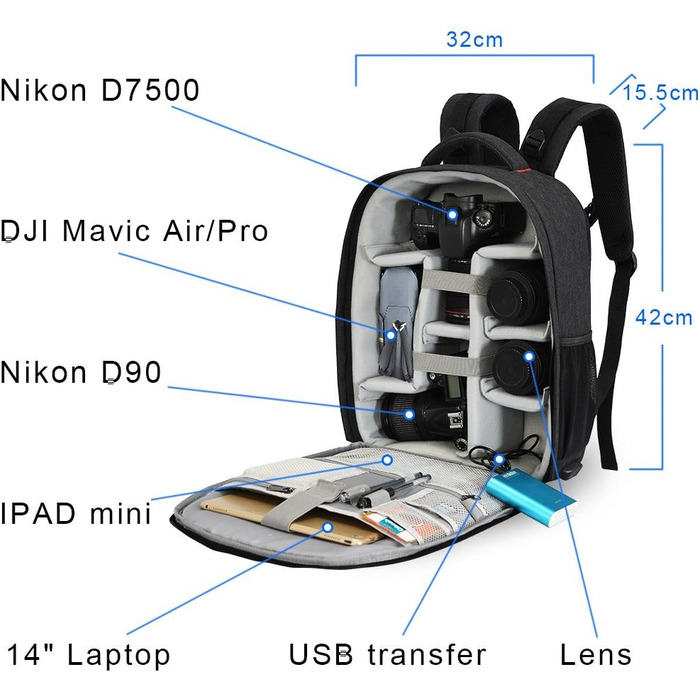 Рюкзак для фотокамери CADeN: водонепроникний, для Canon, Nikon, Sony, 2 DSLR, 7 об'єктивів, штатив, чорний