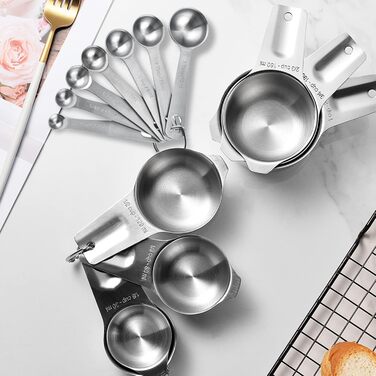 HUONIU 14-Piece Stainless Steel Measuring Cups and Spoons Set, Kitchen Utensils