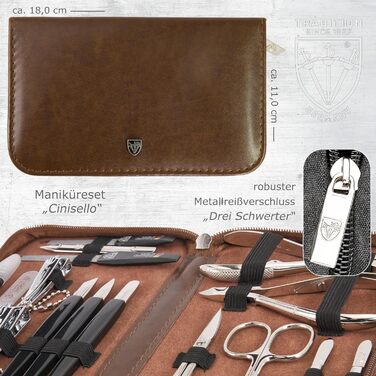 Набір манікюру та педикюру Drei Schwertter 'Cinisello' 16 предметів | Коричневий кейс з якісної шкірозамінник для догляду за руками та ногами. Вміст: ножиці для нігтів, кусачки, пінцет та багато іншого