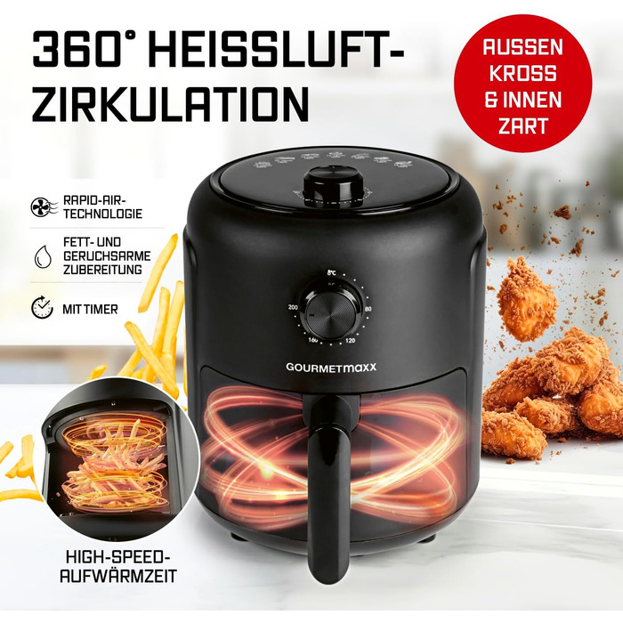 Фритюрниця повітряна GOURMETmaxx 2.3л з таймером та сенсорним екраном | 8 функцій, 7 програм | Економія енергії, майже без олії | Міні-піч 1000 Вт