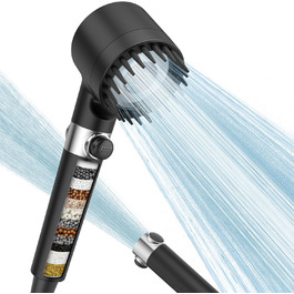 Digiroot Shower Head with Filter, 15 Filtration, Showerhead with Hose 1.5M, High-Pressure Hand Shower Rain Shower with 7 Spray Patterns, Water-Saving Shower Head for Removing Hard Water, Residual Chlorine, Heavy Metals (Black)