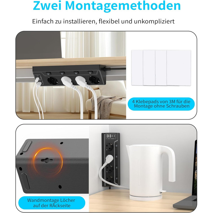 Мережевий адаптер з захистом від перенапруги Eck з USB-C, 6 розеток, 2м кабель (4000W, 16A), розподільний блок для кухні, офісу (4 розетки, чорний)