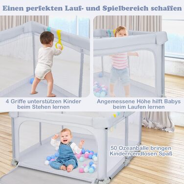 COSTWAY 124 x 124cm Baby Playpen, foldable, portable playard with 50 balls, 4 handles, locking function, crawling gate with net walls & door, playpen tent for infants & children (Light Grey)