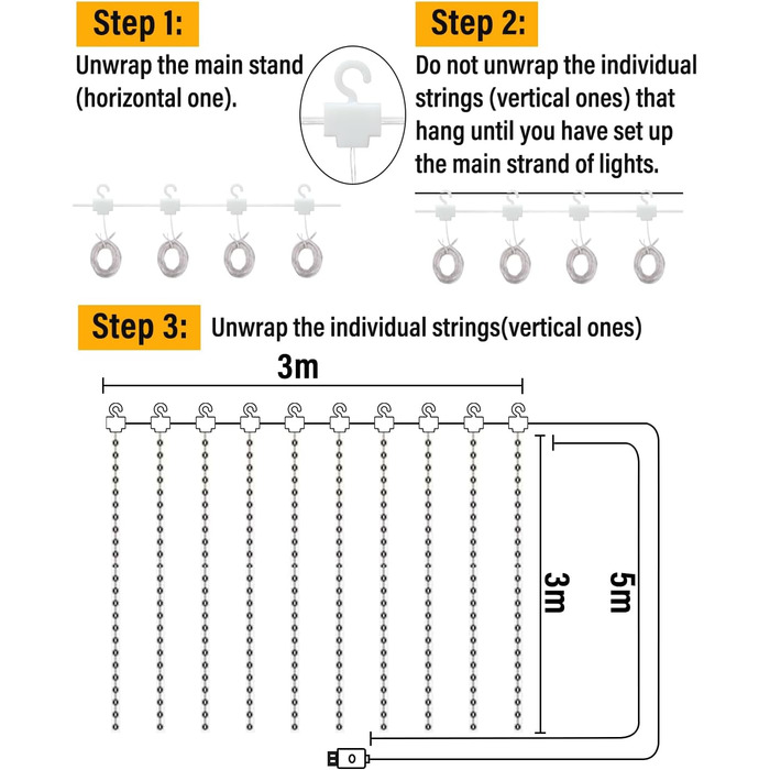 Ланцюжок-завіса світлодіодна 3x3м, 300 LED, USB, 8 режимів, пульт, IP65, тепле світло, для декору, свята, вечірки