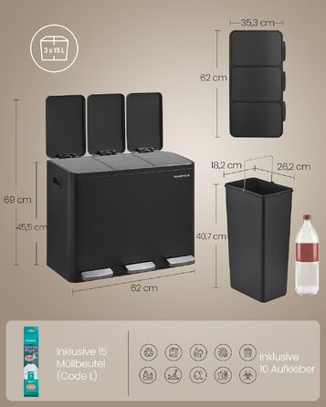 Сміттєвий відер SONGMICS PARY LTB160EZ01 для кухні, 3 відсіки по 15 л, нержавіюча сталь, кришка з Soft-close та педаллю, з 15 пакетами, чорний