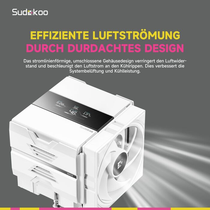 Кулер для процесора Sudokoo SK620V White AM5: двосекційний повітряний охолоджувач з цифровим дисплеєм, 6 теплотрубками та 2 вентиляторами PWM FDB 120мм, білий