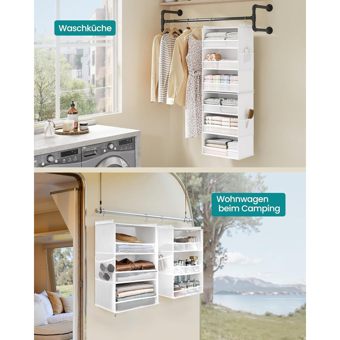 Органайзер для шафи SONGMICS, роздільник полиць, навісна полиця, розкладний органайзер, металеві гачки та бамбукові вставки, білий (RCH007W01)