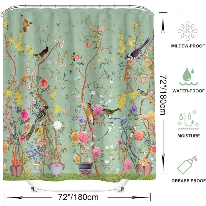 Штора для душу 180x180 см, зелена з квітами та пташками, антигрибкова, водонепроникна, поліестер, з кільцями (12 шт.)