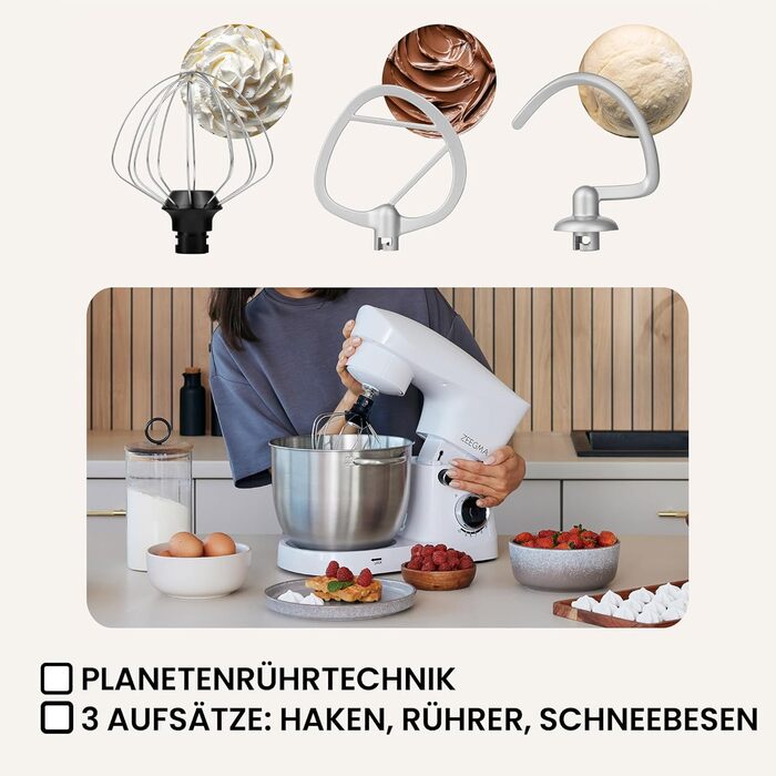 Кухонний комбайн ZEEGMA PLANEET EASY: планетарний міксер 1500 Вт з чашею 5.2 л, 10 швидкостей, насадки для замішування, збивання, готування. Білий