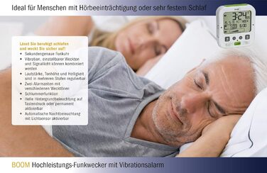 TFA Dostmann Boom Funkwecker, Loud with Vibration Alarm, Snooze Function, Adjustable Volume and Brightness, Automatic Night Light, White, L 110 x W 65 x H 122 mm