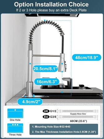 Висувний змішувач для кухні з високим тиском, кухонна арматура з поворотним виливом 360°, 4 режими, високий вигин, нержавіюча сталь, щіткова обробка, змішувач для раковини з одним отвором, ABS-розпилювач, з'єднання G3/8 (тільки для ЄС)