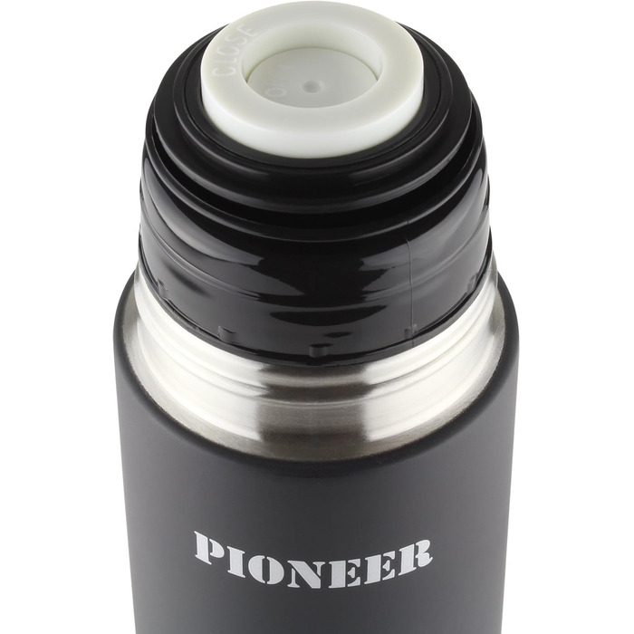 Pioneer Stainless Steel Insulated Flask with Button Lid & Drinking Cup - 1.0L Double-Walled Vacuum Insulation - Keeps Hot for 8 Hours, Cold for 24 Hours - Leakproof, BPA-Free - Black, 1000ml