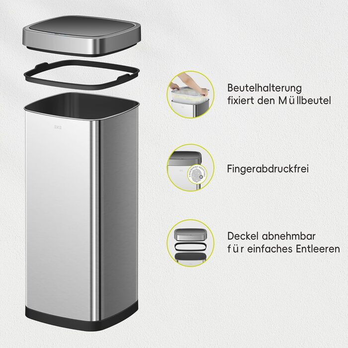 Сміттєвий бак EKO EcoSmart 80л з сенсором, нержавіюча сталь, електричний, для кухні та дому, з кришкою Soft-Close, анти-відбитки, кутовий