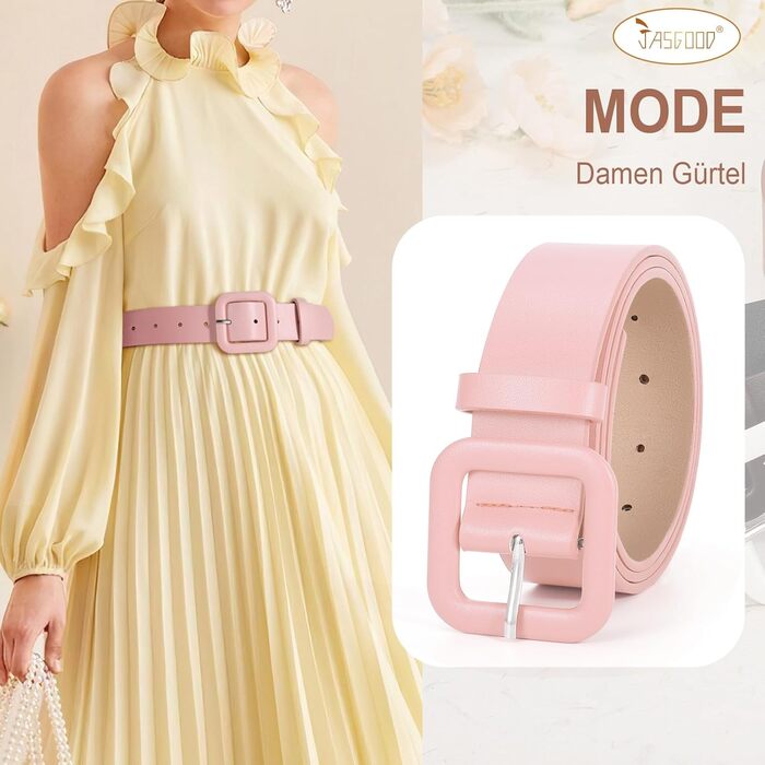 Жіночий шкіряний пояс JasGood пастельно-рожевого кольору, широкий, з квадратною пряжкою для джинсів, штанів та суконь, 110 см (під талію 76-88 см)