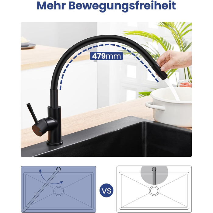 Змішувач для кухні гнучкий чорний, нержавіюча сталь, 2 режими струменя, 360° поворот, кухонний змішувач, преміум якість