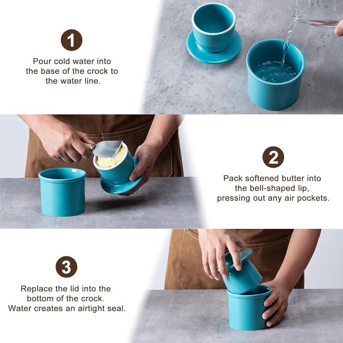 Butter dish with waterline for counter, French butter crock with lid, ceramic butter container for fresh spreadable butter, turquoise