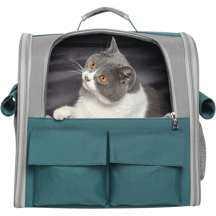 Транспортна сумка для тварин: котів та собак до 10 кг, рюкзак-переноска, велика, з 4 входами, 3 кишені, дихаюча, складана, для подорожей, схвалена авіакомпаніями, універсальний розмір (зелений)