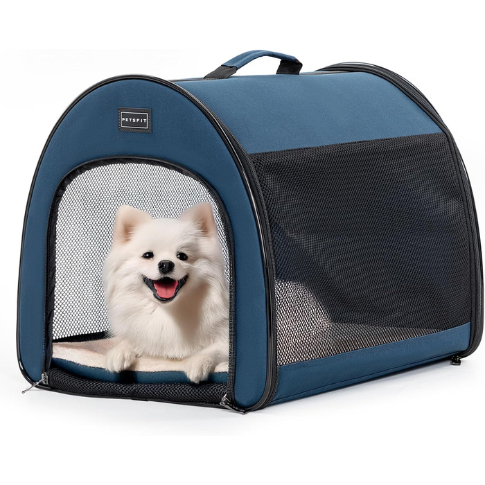 Складана переноска для собак Petfit для маленьких собак і котів, портативна та дихаюча переноска для дому з вигнутим дахом, переноска-ліжко для собак з анти-відкриваючим блискавкою та подушкою (Блакитний, S)
