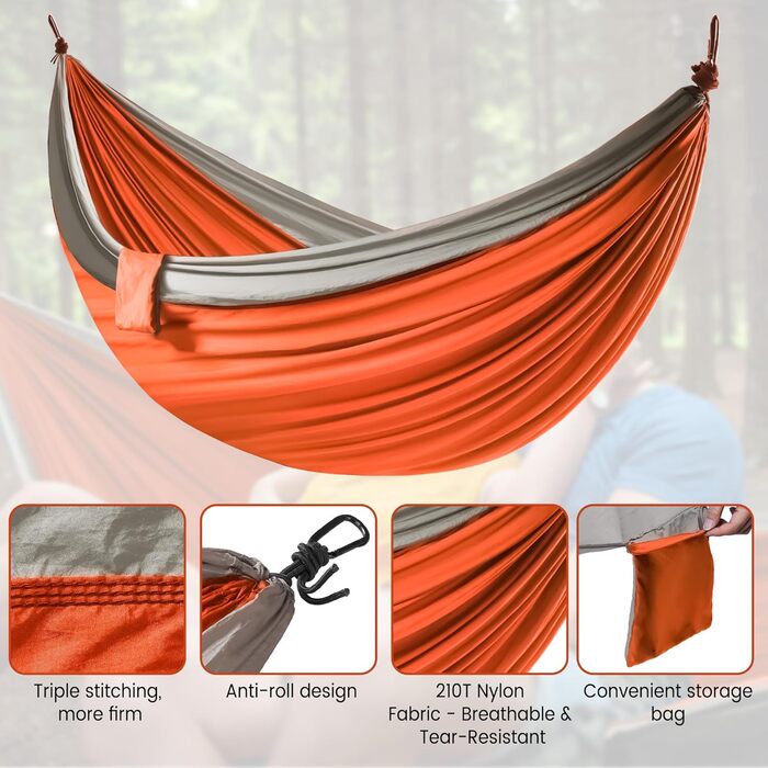 Гамак подвійний XXL 300x200 см: складаний, ультралегкий, для кемпінгу, саду, подорожей (помаранчевий)