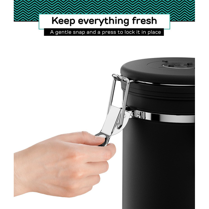 Coffee Gator Контейнер для кави з нержавіючої сталі, герметичний, з датчиком свіжості, клапаном CO2, ложкою, для кавових зерен, меленої кави, горіхів, чаю, цукру (Чорний, L)