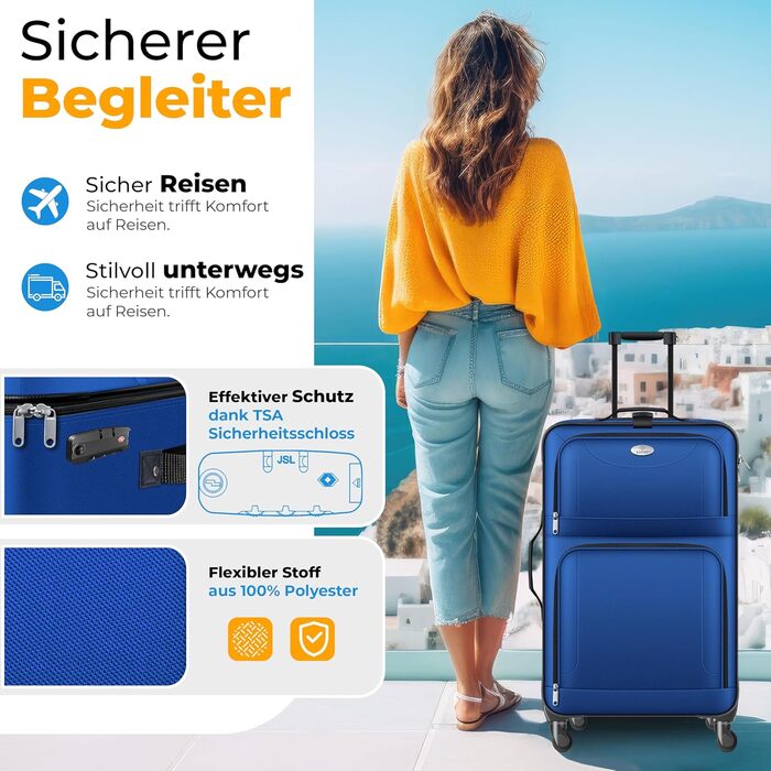 Набір валіз KESSER® 4-в-1 | Чотири валізи з тканини з кодовим замком TSA, 360° колесами та телескопічною ручкою | Косметичка, ручна поклажа, великі валізи для подорожей та бізнесу (Блакитний)