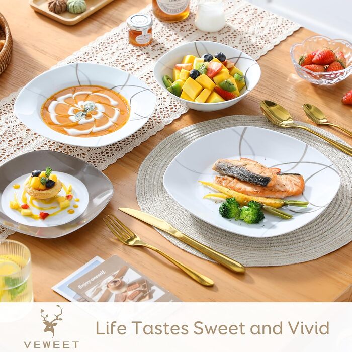 VEWEET Сервіз столовий 'Нікіта' з порцеляни, 24 елементи | Комплект посуду включає миски, десертні тарілки, тарілки для їжі та супові тарілки | Сервіз для 4-12 осіб, 24 елементи