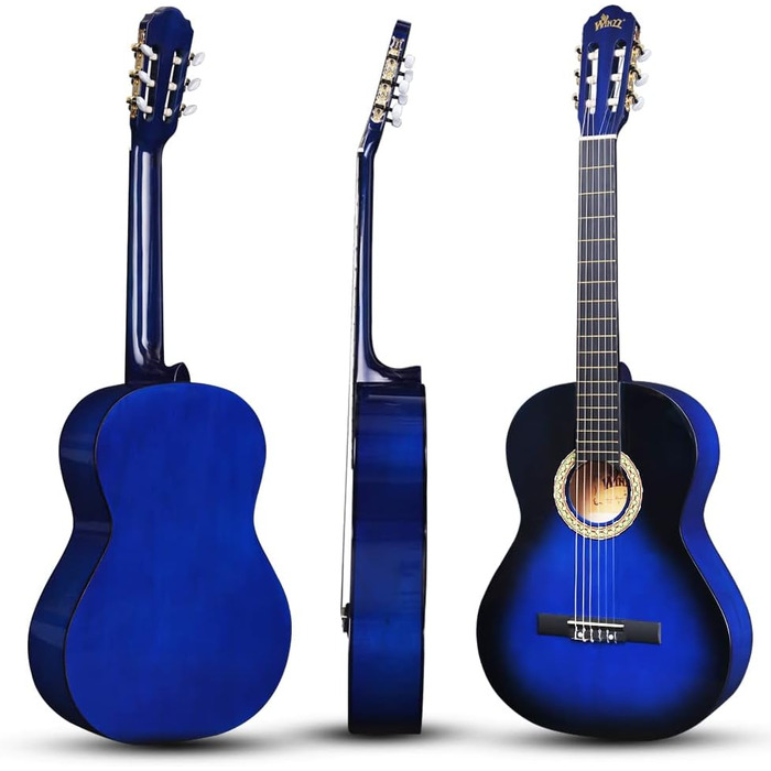 Класична гітара Winzz 4/4 для початківців - повний комплект, 39 дюймів, з нейлоновими струнами, блакитна