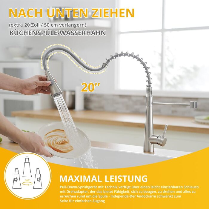 Кухонний змішувач TIMACO з поворотним гусаком 360° та висувною лійкою, з нержавіючої сталі, з покриттям з брашованого нікелю