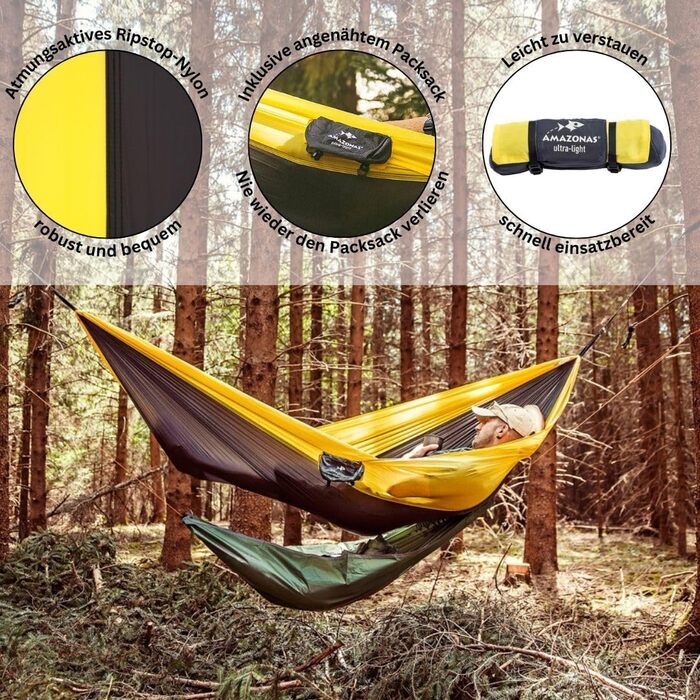 Гамак Amazonas Ultra-Light Adventure Coyote - надлегкий двомісний гамак 275x140 см, до 150 кг, зелений (Yellowstone)
