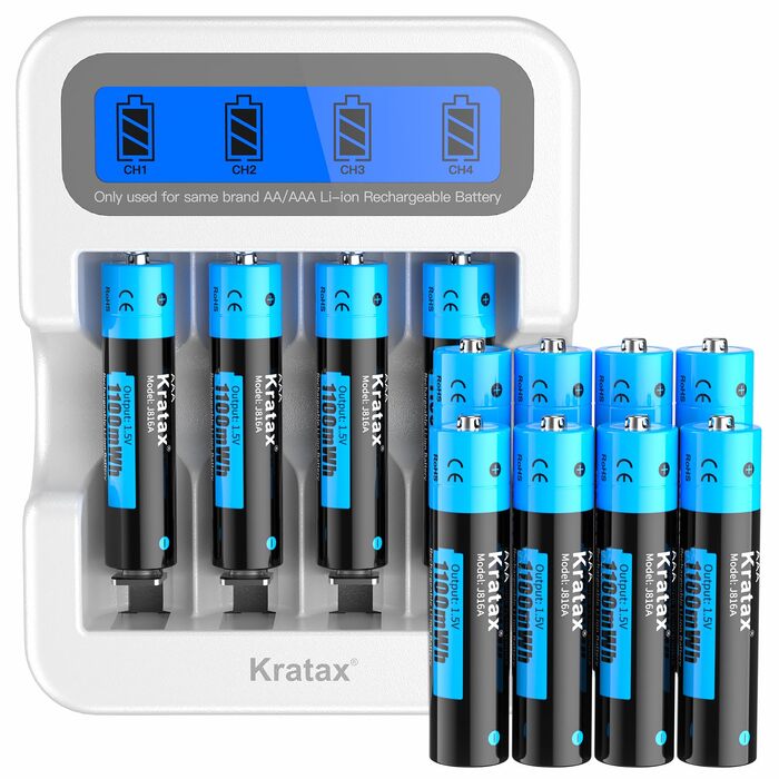Набір літієвих акумуляторів Kratax AAA 1.5V 1100mWh (733mAh) з LCD-зарядним пристроєм, 12 шт — висока ємність та стабільна напруга