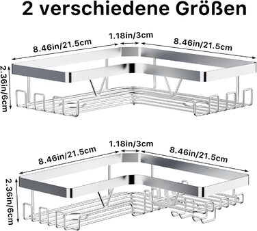 Полиця для душу YIGII без свердління, 3 шт. з нержавіючої сталі, органайзер для ванної кімнати, велика місткість, самоклеюча з мильничкою та 4 гачками, тримач для шампуню, сріблястий (2 шт.)