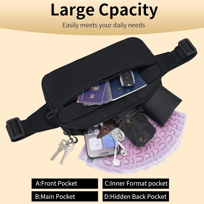 Поясна сумка на пояс для чоловіків та жінок, велика місткість, водонепроникна, з регульованим ремінцем, для активного відпочинку, бігу, ходьби, трекінгу, джогінгу (Чорний)