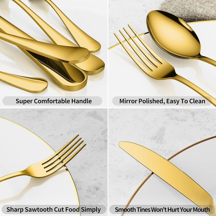 Набір столових приборів Aoeeppa на 6 осіб (30 предметів) з нержавіючої сталі, золотий